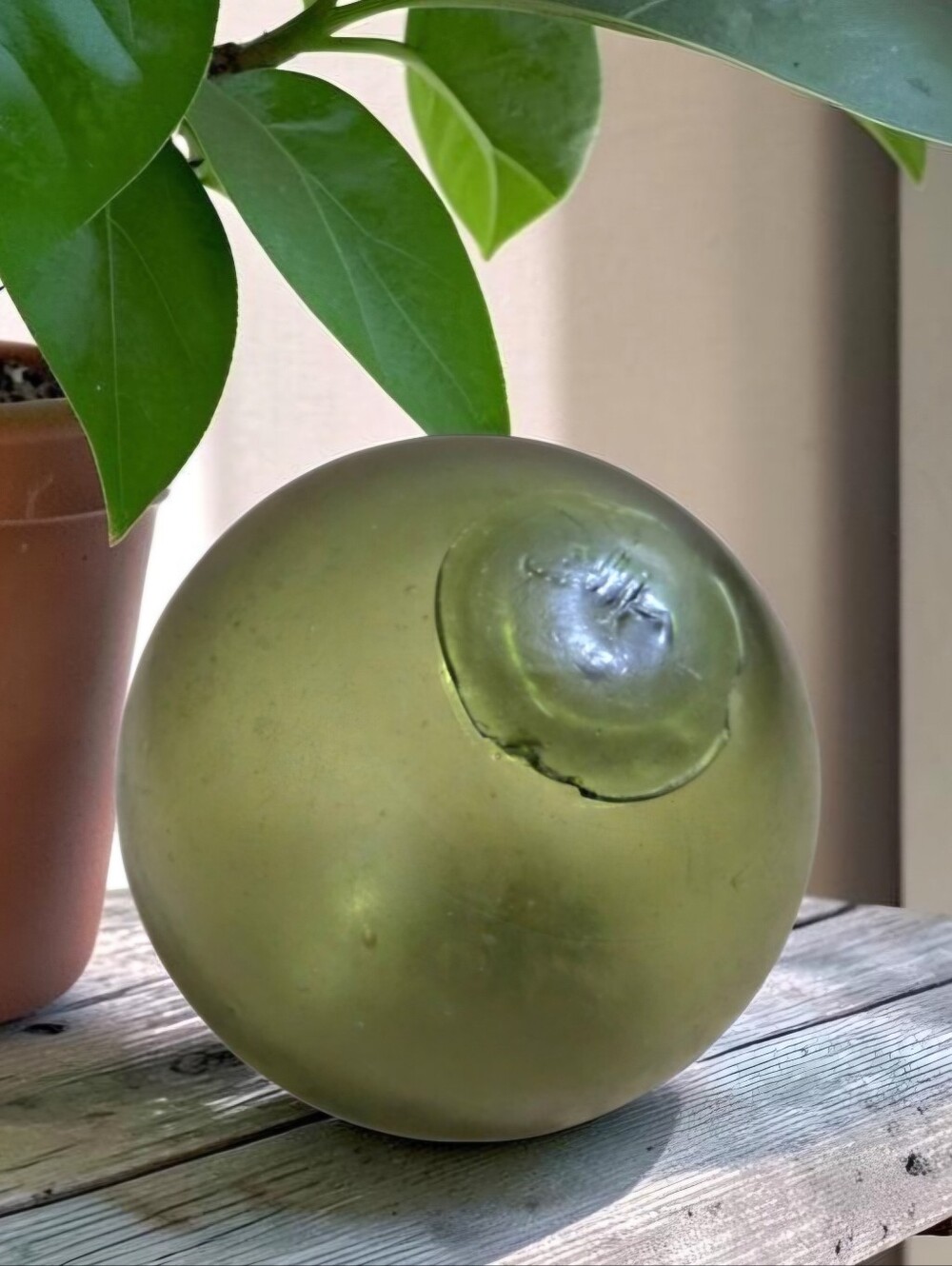 Antique Japanese Glass Fishing Float Hokuyo Kita Mark 4" Olive Green Hand Blown